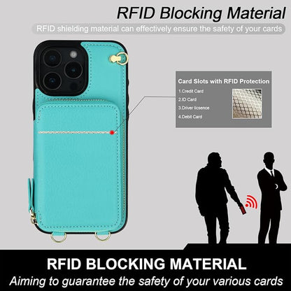 Bocasal Crossbody Wallet Case for iPhone 16 Pro Max, RFID Blocking Leather Purse Case with Card Holder, Protective Handbag Flip Cover with Zipper Wrist Strap Lanyard for Women 5G 6.9 Inch (Mint Green)