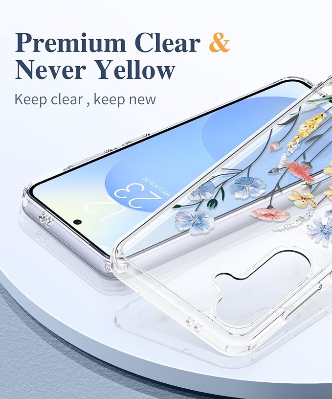 GVIEWIN for Samsung Galaxy S25 Plus Case, Clear Floral Slim Shockproof Protective Women Phone Case, Non-Yellowing, with Screen Protector & Camera Lens Protector for S25 Plus 6.7", Aconite/Light Blue | Non Yellowing, Clear, Floral, Hard