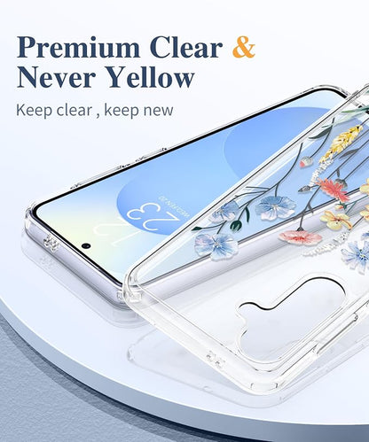 GVIEWIN for Samsung Galaxy S25 Plus Case, Clear Floral Slim Shockproof Protective Women Phone Case, Non-Yellowing, with Screen Protector & Camera Lens Protector for S25 Plus 6.7", Aconite/Light Blue | Non Yellowing, Clear, Floral, Hard
