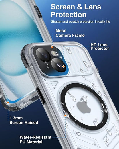 for iPhone 15 Plus Waterproof Case with Magsafe, Built-in [Camera & Screen Protector] [Lanyard], IP68 Water Proof Full Body Dustproof Heavy Duty Frosted Protective Phone Cover, 6.7" Black