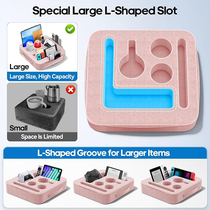 Couch Cup Holder Tray, Couch Caddy for Drink, Snack, Phone, Remote, Ipad, Game Controller, Large-Size Sofa Cup Holder for Bed, Sofa, Car, Desk, Pink