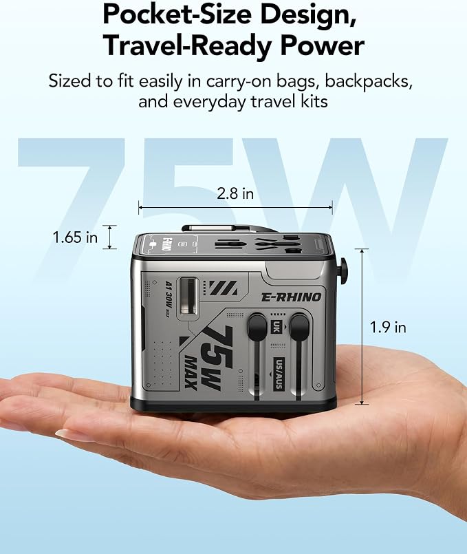 MFish 75W Universal Travel Adapter, 5-Port International Power Adapter with Retractable USB-C Cable, 3 USB-C & 1 USB-A + AC Outlet, Worldwide Wall Charger for MacBook, iPhone, iPad, EU/UK/US/AUS, Grey