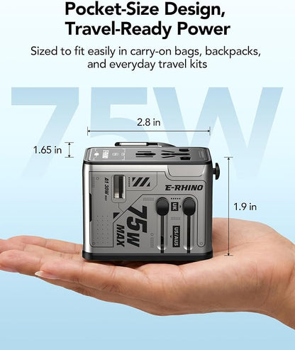 MFish 75W Universal Travel Adapter, 5-Port International Power Adapter with Retractable USB-C Cable, 3 USB-C & 1 USB-A + AC Outlet, Worldwide Wall Charger for MacBook, iPhone, iPad, EU/UK/US/AUS, Grey