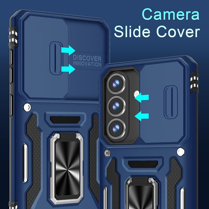 DEERLAMN Case for Samsung Galaxy S26+ Plus 6.7-Inch with Slide Camera Cover+Screen Protector(1 Pack), Rotated Ring Kickstand Military Grade Shockproof Protective Cover-Navy Blue
