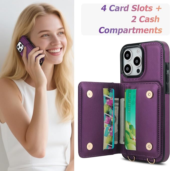 LOHASIC for iPhone 16 Pro Max Case Wallet with Detachable Crossbody Strap & Wrist Lanyard, RFID Blocking, 4 Card Slots 2 Cash Pockets, Vegan Leather Case with Card Holder for Women Girls, Purple