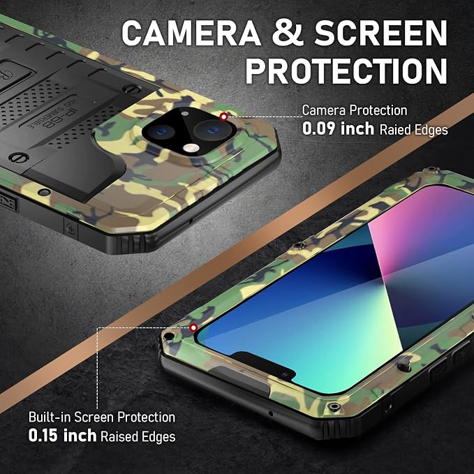 Beasyjoy for iPhone 13 Case Waterproof, Metal Phone Case with Built-in Screen Protector, Heavy Duty Full Body Protective Military Grade Shockproof Rugged Defender Cover 6.1 Inch, Camo