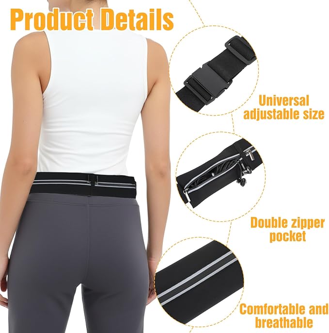 Slim Running Belt with 2 Pockets for women & Men,Runners Fanny Pack Phone Holder,Reflective Fanny Pack,Running Gear Accessories with Buckle(Black)