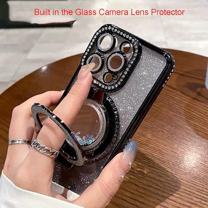 Glitter Kickstand Case for iPhone 17 Pro Max,Cute Bling Sparkly Diamond Rhinestones with Camera Lens Protector Liquid Flowing Ring Stand TPU Bumper Women Girls Case for iPhone 17 Pro Max,Blue