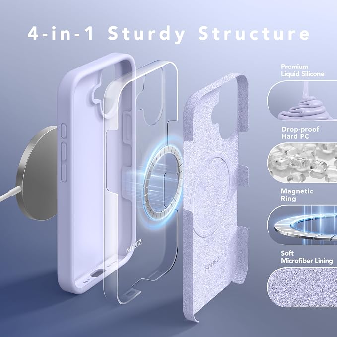 GONEZ Magnetic for iPhone 16 Case, Compatible with MagSafe, [Screen Protector + Camera Lens Protector], Liquid Silicone Shockproof Protective Phone Case for iPhone 16 6.1", Lilac