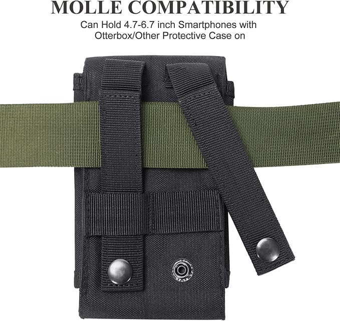 Black Tactical Molle CellPhone Pouch Case,Heavy Duty Waterproof Phone Holster Bag for iPhone 11 12 13 Pro Max For Samsung S22 S21 S20 FE Note 20 A13 A12 A02S Less 6.7" Phone with 4 Pack Patches