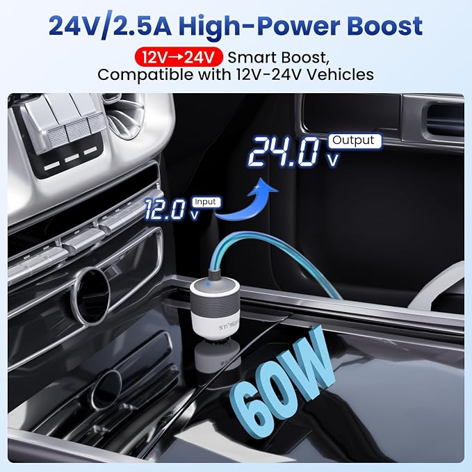 Starlink Mini Car Adapter 12V to 24V DC Step Up Converter with 60W Car Cigarette Lighter Adapter, Starlink Mini 12V Adapters Supports 16 AWG Official 30M, Ideal for RV, Boat, Trailer