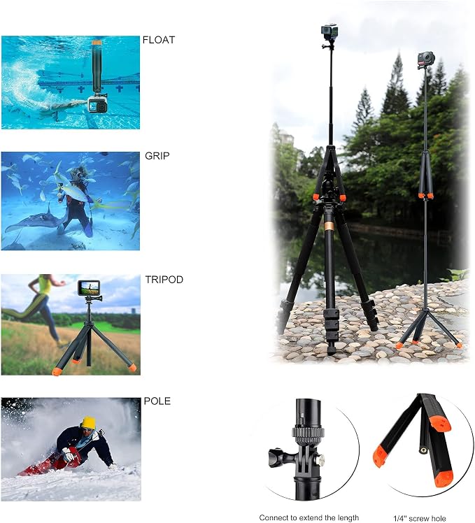 Floating Selfie Stick for GoPro Hero 13 12 11 10 9 8 Mini Max Fusion Session, DJI OSMO Action 6 5 Pro 4, AKASO Brave EK7000, 4 in 1 Underwater Waterproof Pole Monopod Hand Grip Tripod Stand