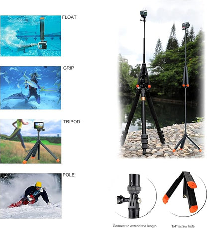 Floating Selfie Stick for GoPro Hero 13 12 11 10 9 8 Mini Max Fusion Session, DJI OSMO Action 6 5 Pro 4, AKASO Brave EK7000, 4 in 1 Underwater Waterproof Pole Monopod Hand Grip Tripod Stand