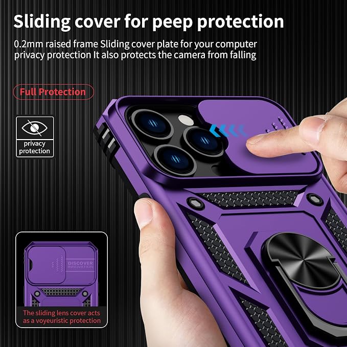 for iPhone 13 Pro Case with Camera Lens Cover, HD Screen Protector, 10 FT Military Grade Drop Protection, Magnetic Ring Holder Kickstand Protective Phone Case for iPhone 13 Pro, Deep Purple
