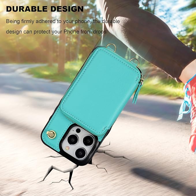 Bocasal Crossbody Wallet Case for iPhone 15 Pro, RFID Blocking Leather Purse Case with Card Holder, Protective Handbag Flip Cover with Zipper Wrist Strap Lanyard for Women 5G 6.1 Inch (Mint Green)