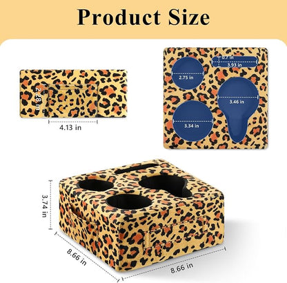 Luxspire Couch Cup Holder Tray, Couch Cup Holder Pillow with 4 Holes, Side Pocket and Handle, Couch Caddy Pillow for Phone/Drinks/Remote Control/Snacks, Leopard Print