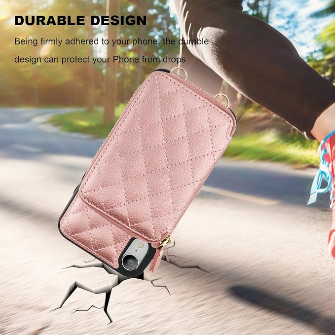 Bocasal Crossbody Wallet Case for iPhone Xr, RFID Blocking PU Leather Zipper Handbag Purse Flip Cover, Kickstand Folio Case with Card Slots Holder Wrist Strap Lanyard 6.1 Inch (Rose Gold)