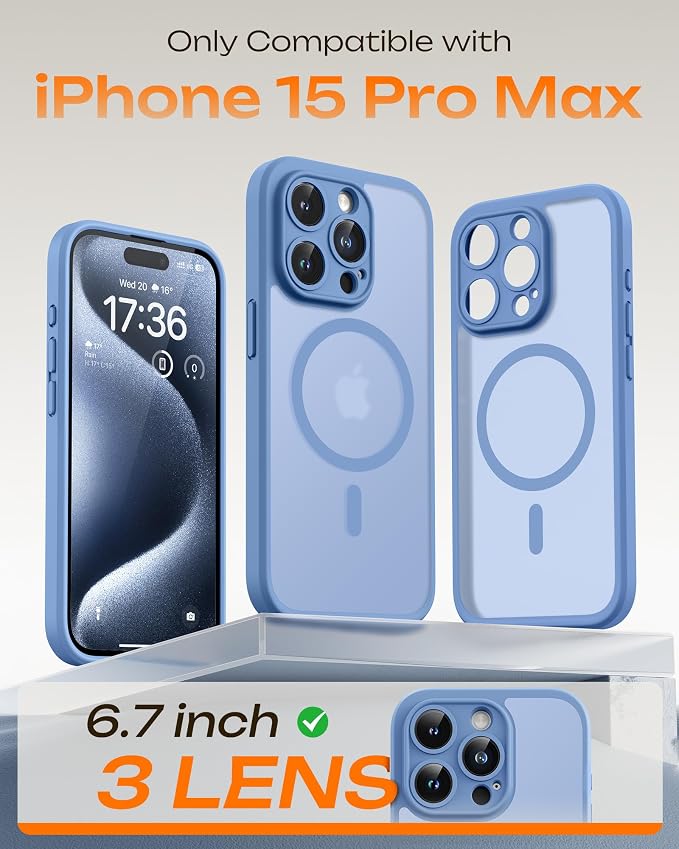TOCOL for Phone 15 Pro Max Case, Compatible with Magsafe Charger, Full Camera Protection, Drop Protection, Translucent Matte Phone Case for iPhone 15 Pro Max 6.7 inch (Light Blue)