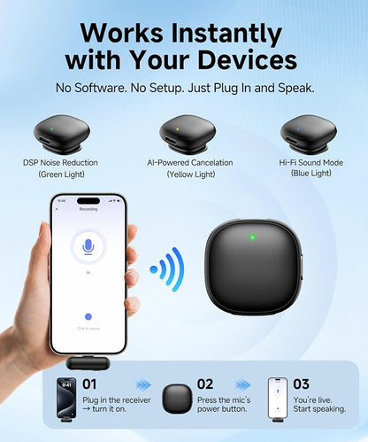 Wireless Lavalier Microphone for iPhone,AI Noise Cancelling,Lapel Mics with USB-C/Lightning Plug,Magnetic Mic,40H Battery Life for iPhone17/16/15/Android/PC/Tablet,Case for Stream,Vlog,TikTok,YouTube
