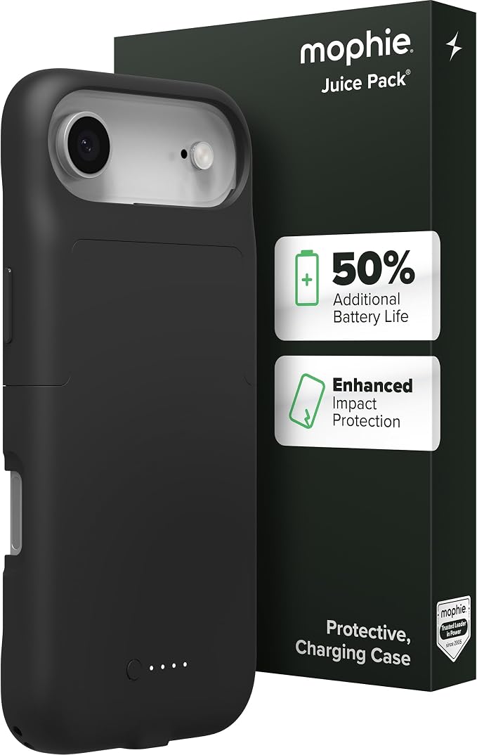 Mophie Juice Pack Battery Case for iPhone Air - Slim Charging Case, Up to 50% Extra Battery Life, High Impact Protection, Magnetic Back for Wallets & Mounts, Sustainable Material, Black