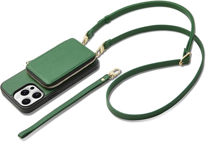 ZVE for iPhone 14 Pro Max Wallet Case for Women, Crossbody Phone Cover with Card Slots, RFID Blocking Purse with Wrist Strap Compatible with iPhone 14 Pro Max, 6.7"- Dark Green