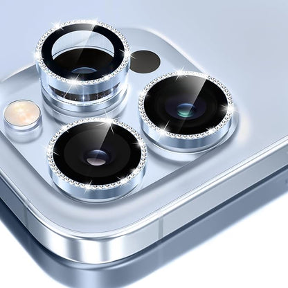 GolbinBox Camera Lens Protector for iPhone 13 Pro/13 Pro Max, 1:1 Invisible Fit, 9H Tempered Glass Ultra HD Metal Individual Camera Cover for Women, Case Friendly, Bling/Blue