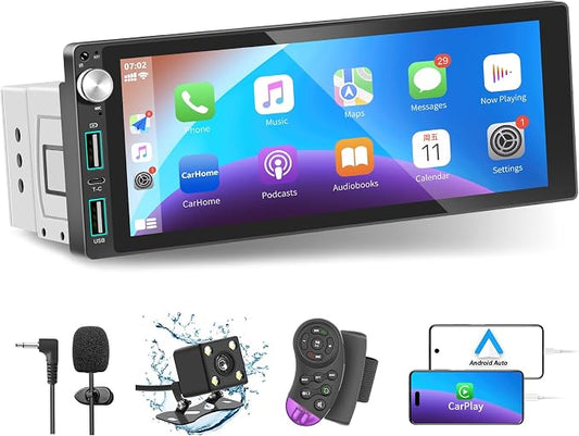 Single Din Car Stereo with Apple Carplay Android Auto,6.9 Inch IPS Touchscreen, 1 Din Car Audio Receivers wtih Bluetooth Handsfree/FM/AM/Dual USB/Type-C/EQ/SWC/GPS Navigation/Backup Camera/Microphone