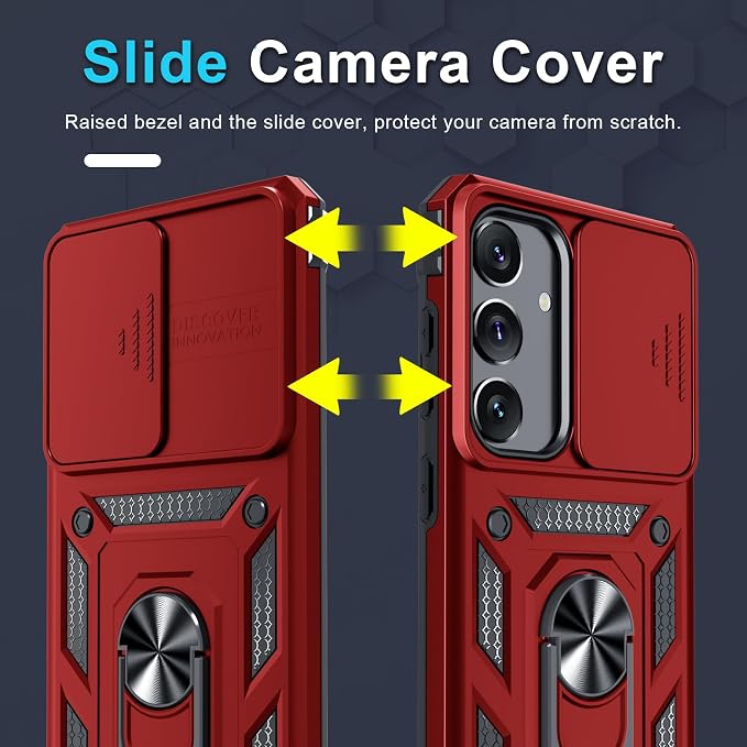 Janmitta Compatible with Samsung Galaxy S25 Plus/S24 Plus Case Built in Slide Camera Lens Cover+Screen Protector+Finger Ring Holder Kickstand,Heavy Duty Shockproof Full Body Phone Cover,Red