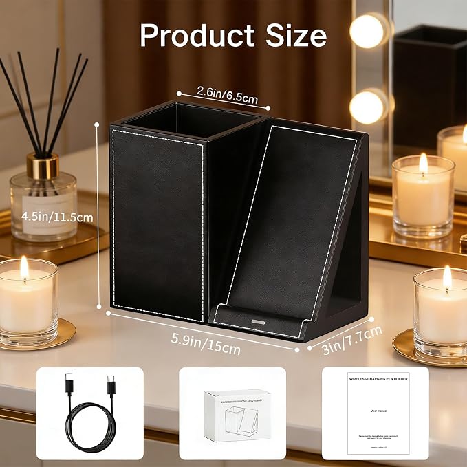 LADSTAG Makeup Brush Holder,Leather Makeup Brush Holder Organizer with phone charging stand，Makeup Organizers Countertop, Makeup organization and Skincare Storage for Vanity, Desktop, Bathroom