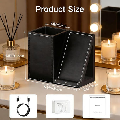 LADSTAG Makeup Brush Holder,Leather Makeup Brush Holder Organizer with phone charging stand，Makeup Organizers Countertop, Makeup organization and Skincare Storage for Vanity, Desktop, Bathroom