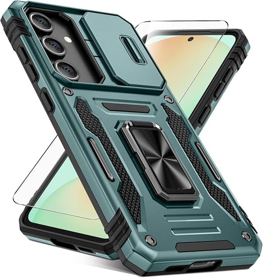 Caka for Samsung Galaxy S24 FE Case [HD Screen Protector] [Full Camera Lens Cover] [360°Rotated Kickstand Ring] [Heavy Duty Protection] Hard Rugged Protective Phone Cover for S24 FE - Alpine Green