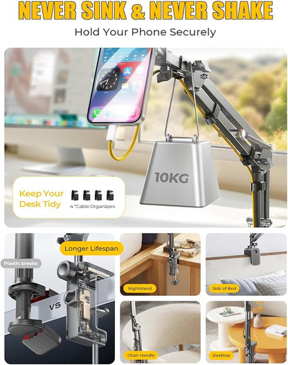 LISEN Gooseneck Phone Holder for Bed Magsafe Phone Stand for iPhone 16 15 Stand Holder for Desk Adjustable for Magsafe Accessories Recording for iPhone Mount Dark Gray