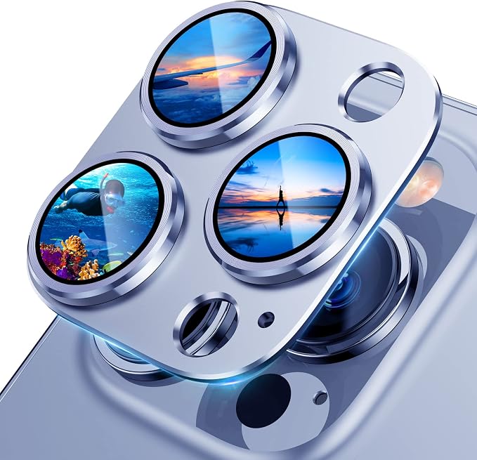 UniqueMe for iPhone 13 Pro/iPhone 13 Pro Max Camera Lens Protector, [Strong Drop Protection] [Not Easy to Fall-off] Metal Ring Tempered Glass Rear Camera Screen Cover - Sierra Blue