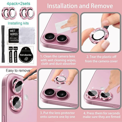 Compatible for iPhone 13/iPhone 13 Mini Camera Lens Protector Bling, Cute Sparkle Glitter Luxury Camera Cover for Women, Anti-Scratch, Easy Install, (2 Sets=4Pack), Pink
