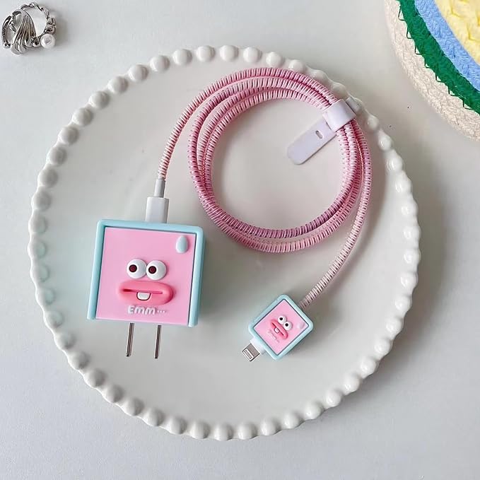 Compatible with Apple 20W/18W USB-C Adapter Charger, 3D Cartoon Protective Case for iPhone 20W USB-C Power Adapter Charger Fast Lightning Cable Cable Cover (Pink Square)