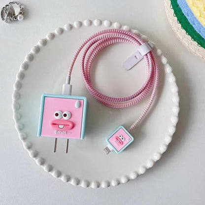 Compatible with Apple 20W/18W USB-C Adapter Charger, 3D Cartoon Protective Case for iPhone 20W USB-C Power Adapter Charger Fast Lightning Cable Cable Cover (Pink Square)