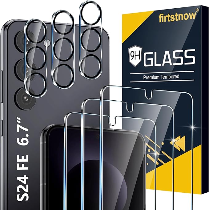3 Pack for Samsung Galaxy S24 FE Screen Protector Tempered Glass + 3 Pack Camera Lens Protector, Military Grade Shatterproof, 9H Hardness, Fingerprint Unlock, Case Friendly 6.7 Inch