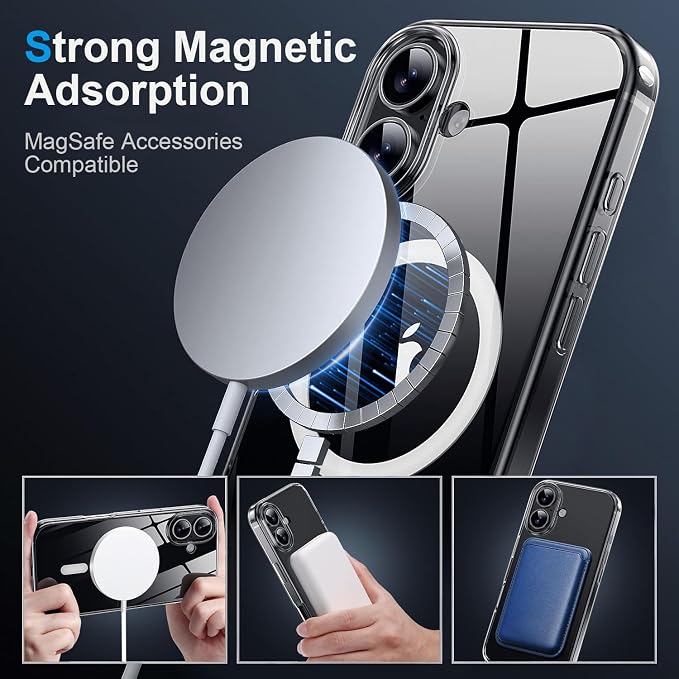 Strong Magnetic for iPhone 16 Case [5X Military-Grade Protection] Compatible with MagSafe Anti-Yellowing Shockproof Slim Thin Cover 6.1 inch, Translucent