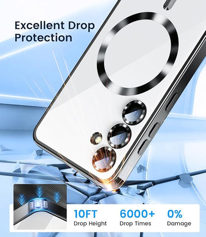 Slim Thin for Samsung Galaxy S25 Plus Case, Compatible with MagSafe, Built-in Camera Lens Protector, Shockproof Protective Phone Case, Soft Electroplated Clear Cover, Black