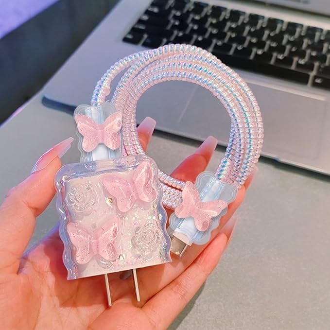 5in1 18W/20W Charger Case Compatible with Apple 20W Power Adapters, Lovely Charger Cover & Cable Protector for iPhone Pro Max & MacBook Neo 13 Inch Charging Cables, Pink Crystal Butterfly