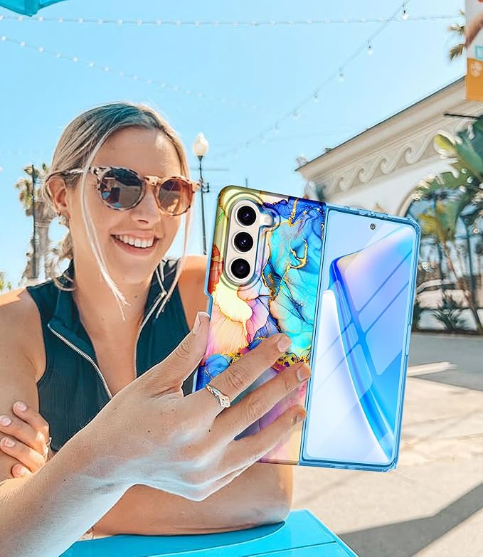 Btscase for Samsung Galaxy Z Fold 5 Case,Built in Front Screen Protector,Gold Glitter Marble Pattern Hard PC Slim Shockproof Full Body Drop Protective Case for Galaxy Z Fold 5 5G, Bright Blue
