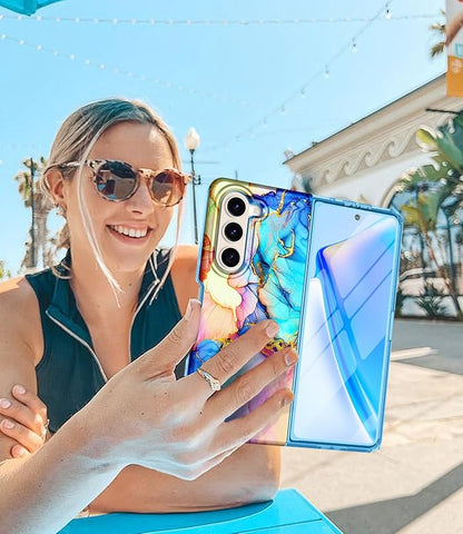Btscase for Samsung Galaxy Z Fold 5 Case,Built in Front Screen Protector,Gold Glitter Marble Pattern Hard PC Slim Shockproof Full Body Drop Protective Case for Galaxy Z Fold 5 5G, Bright Blue