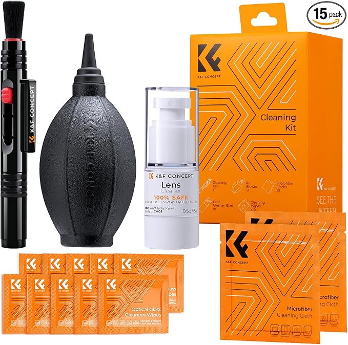 K&F CONCEPT 15-in-1 Camera Lens Cleaning Kit with Camera Blower, Glasses Wipes*10, Cleaning Liquid, Microfiber Cleaning Cloth*2, Lens Cleaning Pen for DSLR Camera Lens Filter Cell Phones
