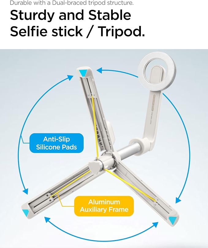 Spigen Selfie Stick Tripod Stand with Bluetooth Remote Control Shutter 24" Extendable Compatible with MagSafe iPhone 17/16/15/14/13/12 Pixelsnap Pixel 10 Series & More - Dune Beige (S571W)