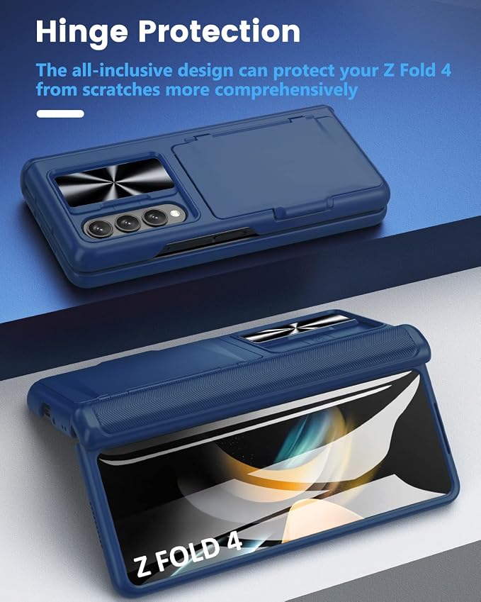 Viaotaily Galaxy Z Fold 4 5G Case with Card Holder & Hinge Protection, Built-in Slide Camera Lens Cover & Screen Protector, Durable Sturdy Phone Cover Case for Samsung Galaxy Z Fold 4 5G 2022 (Blue)