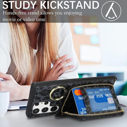 Crossbody Wallet Case for Galaxy S23 Ultra, PU Leather Zipper Handbag Purse Flip Cover, Kickstand Folio Case with Card Slots Holder Wrist Strap Lanyard -Black Leopard