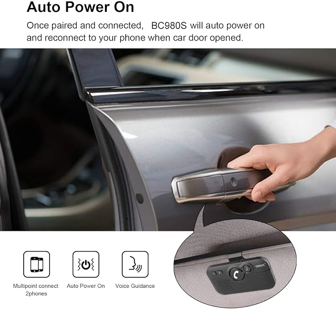 Handsfree Bluetooth Car Kit for Cell Phone, Wireless Bluetooth Speaker for Car, AUTO Power ON Support Siri Google Voice Assistant Hands Free Phone Speakerphone with Visor Clip-BC980SA