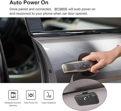 Handsfree Bluetooth Car Kit for Cell Phone, Wireless Bluetooth Speaker for Car, AUTO Power ON Support Siri Google Voice Assistant Hands Free Phone Speakerphone with Visor Clip-BC980SA