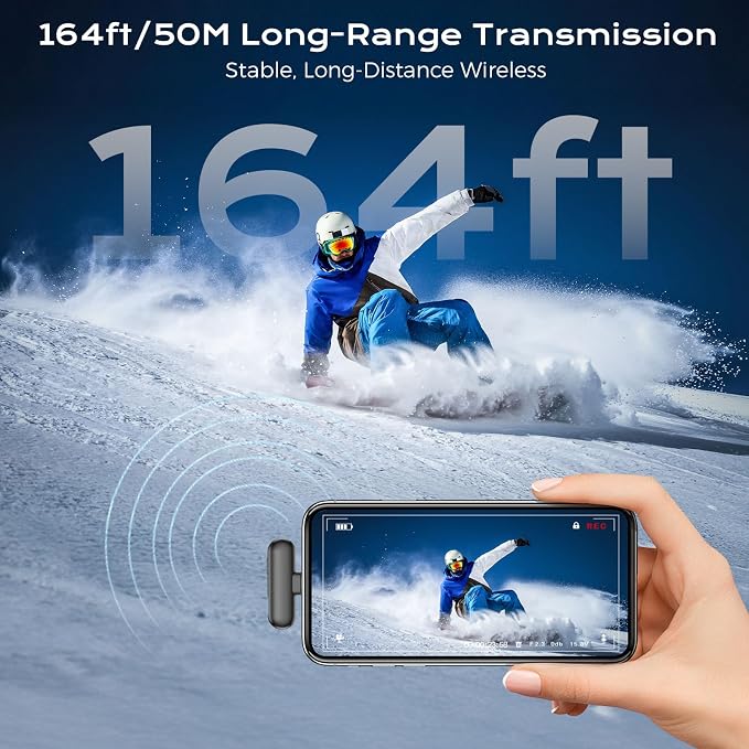 Wireless Lavalier Microphone for iPhone/Android, Lapel Mics with Lighting/USB-C Plug-Play, AI Noise Cancellation, 35H Battery Life, 164ft Range for Stream, Vlogging & Podcast, Magnetic Clip Mic