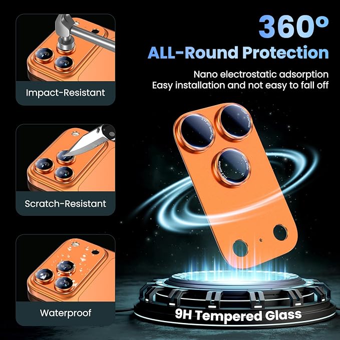 Uyiton for iPhone 17 Pro Max Camera Lens Protector - [Unique Typography + Phone Lens Red Circle Design] Metal Tempered Glass Camera Cover, Cosmic Orange + Red